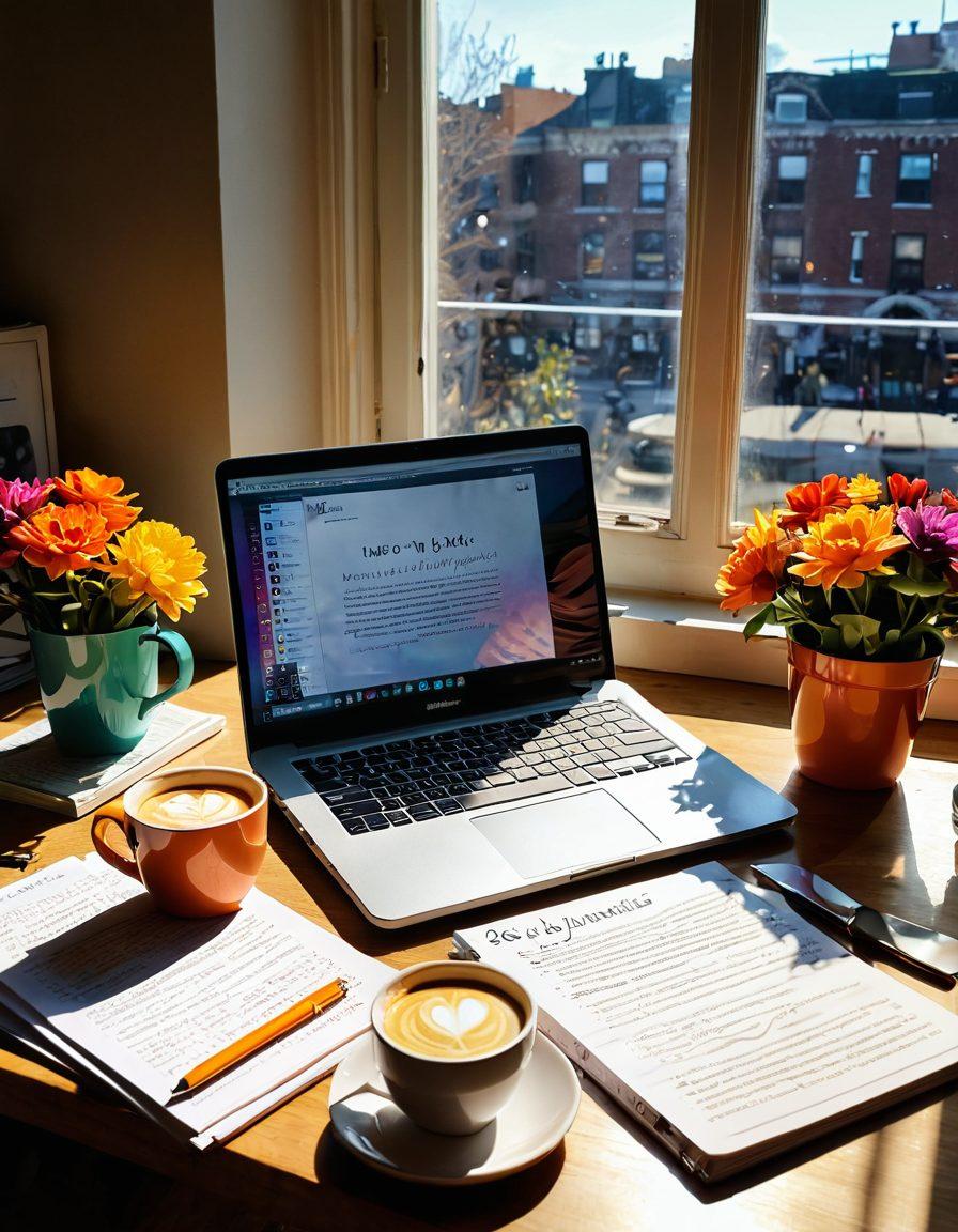 A visually engaging workspace featuring an open laptop displaying a vibrant blog page, surrounded by colorful notepads and pens, an ornate coffee cup steaming beside it. In the background, a large window with sunlight flooding in, casting a warm glow on motivational quotes pinned to a bulletin board. The overall scene conveys creativity, inspiration, and the joy of writing. super-realistic. vibrant colors. warm tones.