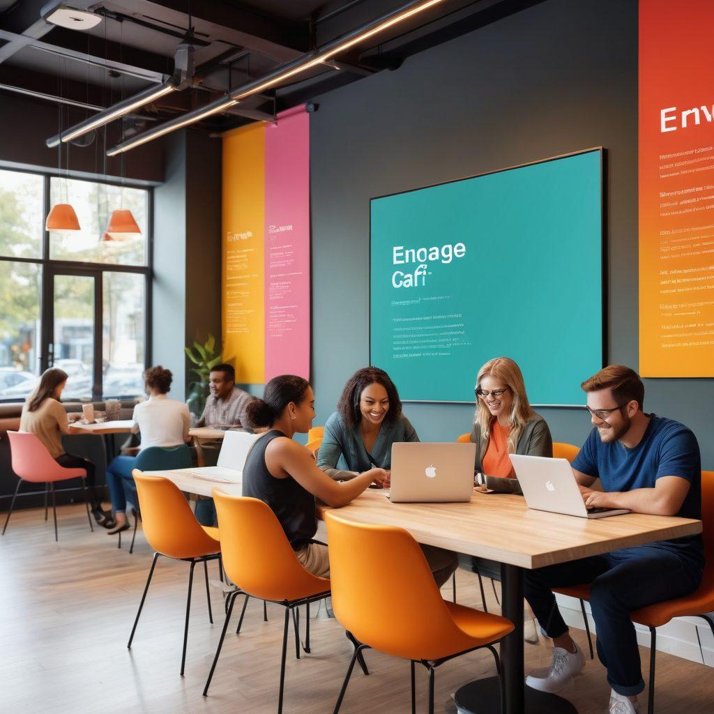 A vibrant and welcoming digital café setting, where diverse people of various ages and backgrounds are collaborating and sharing ideas over laptops and coffee. Bright banners with the words 'Engage and Grow' hang in the background, creating a lively atmosphere. A digital growth graph subtly integrated into the decor symbolizes progress. The color palette is warm and inviting, emphasizing community and connection. super-realistic. vibrant colors. soft focus.