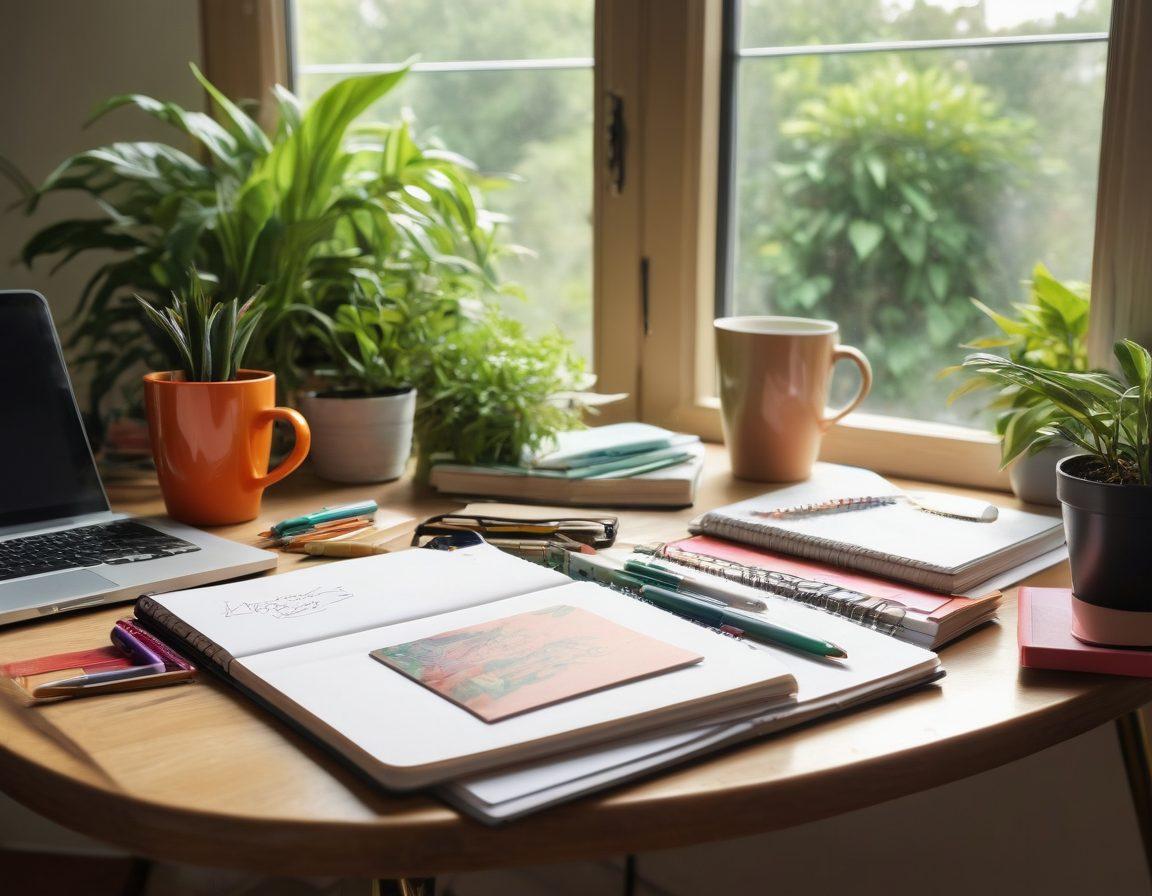 A creative workspace featuring a cozy desk with an open notebook, colorful pens, and a laptop displaying a vibrant lifestyle blog. In the background, a sunlit window showcases lush green plants and a coffee cup, symbolizing inspiration. Add elements like sketches, notes, and mood boards scattered around to represent the journey from ideas to stories. warm colors. cozy atmosphere. super-realistic.